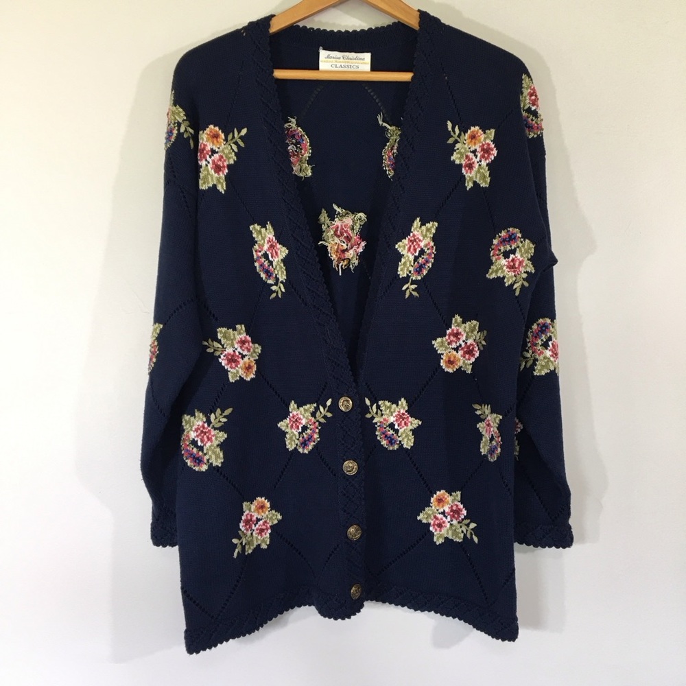 Vintage Marisa Christina Classics‎ Diamond Pointelle Floral V Neck Cardigan